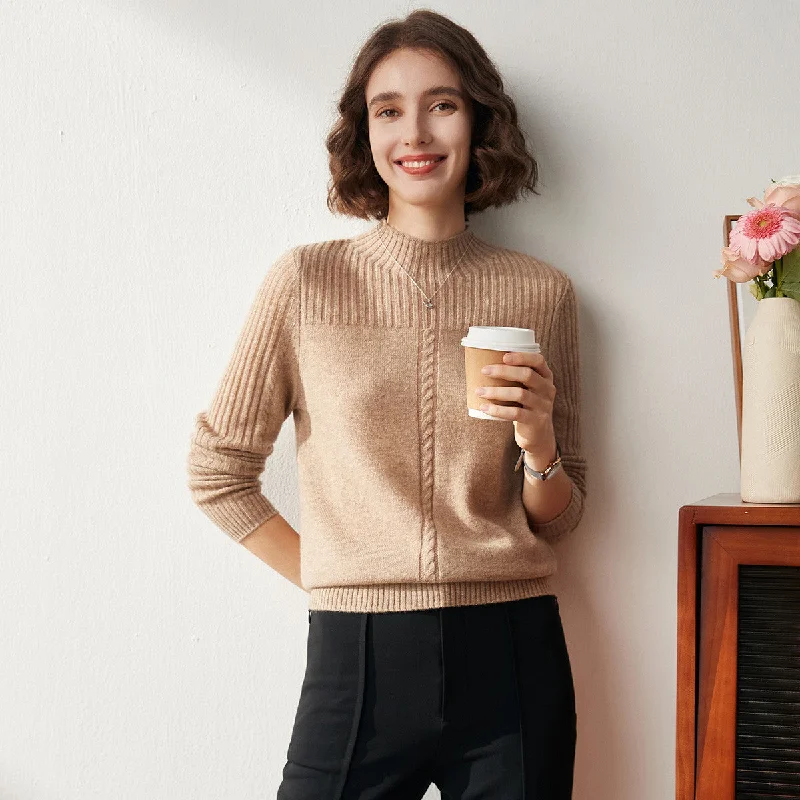 100% Cashmere Mock Neck Cable Knitted Sweater Unique Women's Upcycled