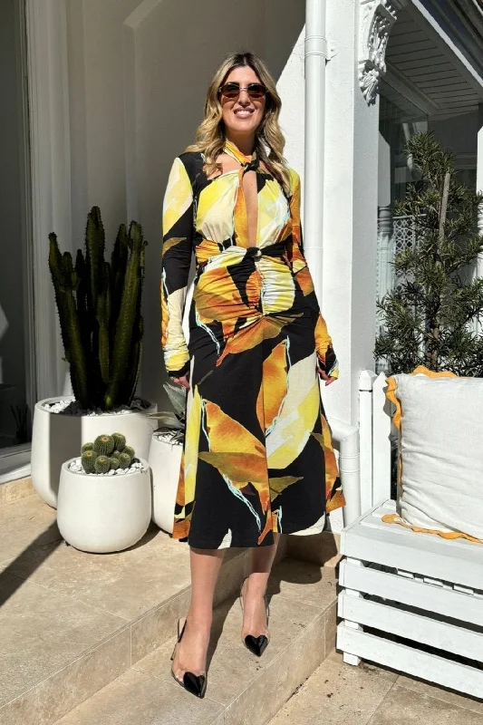 Petals Of Paradise Long Sleeve Midi Dress Print Cozy Women's Winter