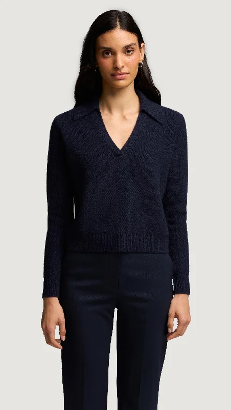 Polo Sweater in Wool Cashmere | Navy Relaxed Women's Beachy