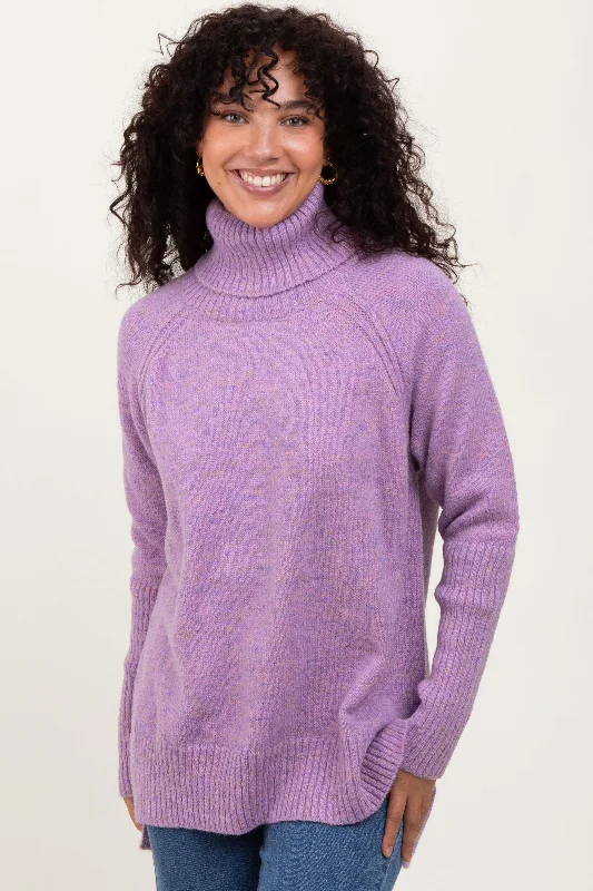 Lavender Contrast Rib Turtle Neck Sweater Casual Women's Japanese 