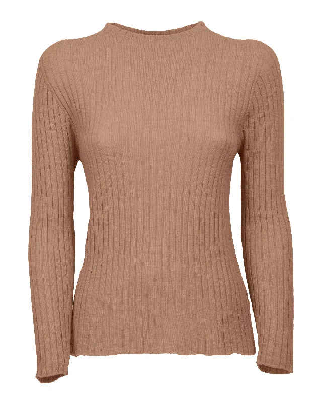 NEW FALL 24 - Women's Cashmere Vertical Rib Crew Neck Sweater Camel by Monticelli Cashmere Vintage Women's 1970S 