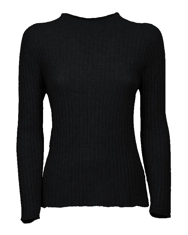NEW FALL 24 - Women's Cashmere Vertical Rib Crew Neck Sweater Black by Monticelli Cashmere Trendy Women's Oversized