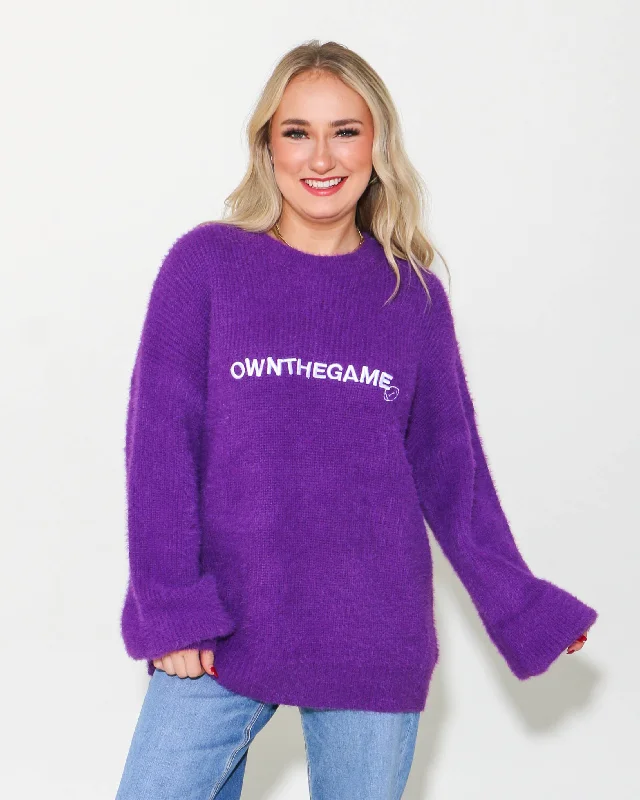 Slouchy Fuzzy Knit Football Sweater in Purple Refined Women's Hand - crafted