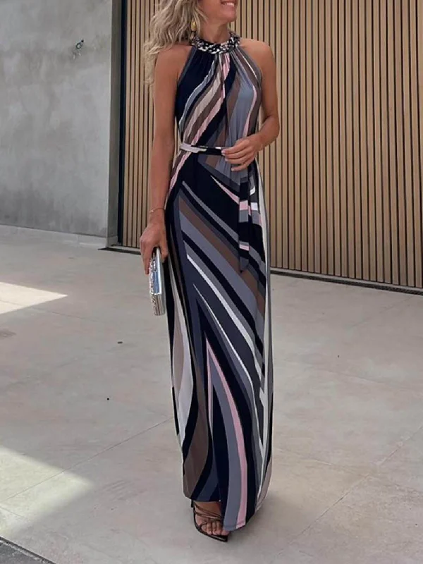 Casual Loose Halterneck Striped Graceful Gradient Print Maxi Dress