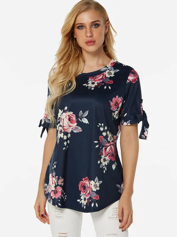 Custom Round Neck Floral Print Lace-Up Self-Tie Short Sleeve T-Shirts Artistic Women's Hand - painted Custom Round Neck Floral Print Lace-Up Self-Tie Short Sleeve T-Shirts Artistic Women's Hand - painted