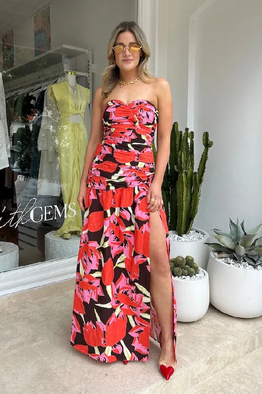 Dolcie Strapless Maxi Dress Rojo Print Vintage Women's 1970S 