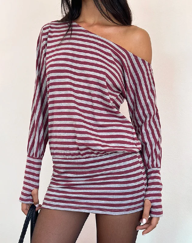Zylina Mini Dress in Burgundy and Grey Classic Stripe garde