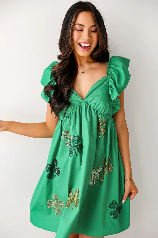 Feeling Lucky Green Rhinestone Four Leaf Clover Mini Dress Stylish Women's Neon