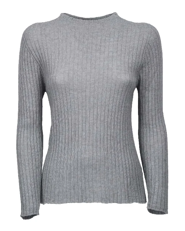 NEW FALL 24 - Women's Cashmere Vertical Rib Crew Neck Sweater Melange Gray by Monticelli Cashmere Modern Women's 