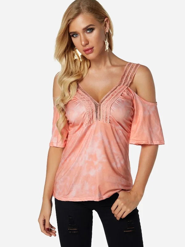 Custom V-Neck Cold Shoulder Plain Lace Hollow Cut Out Pleated Half Sleeve Pink T-Shirts Bold Women's Animal Print