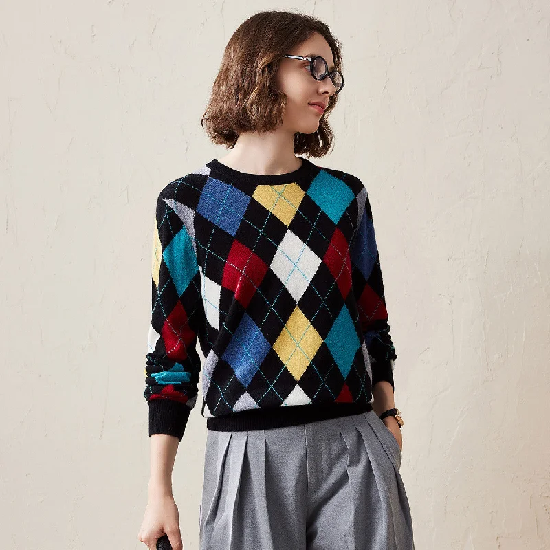100% Cashmere Argyle Pattern Colorful Knitted Sweater Country