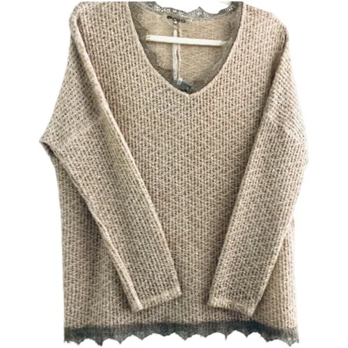 Sequin crochet vneck knit with lace detail Athletic Women's 