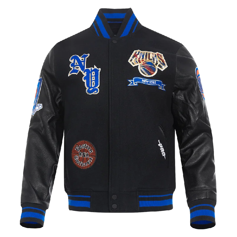 NBA NEW YORK KNICKS PRO PREP WOOL MEN'S VARSITY JACKET (BLACK/ROYAL BLUE/BLACK)