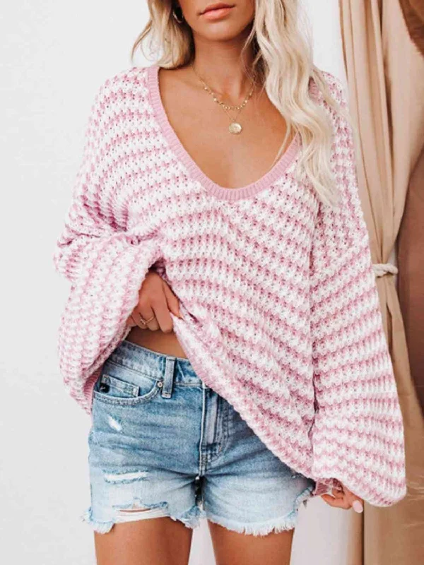 Striped Drop Shoulder V-Neck Sweater Practical Women's Multi - 