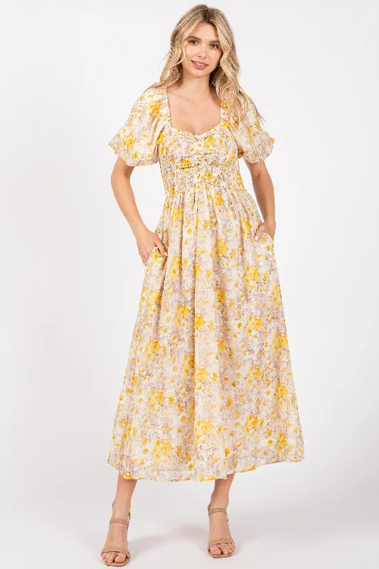 Yellow Floral Smocked Sweetheart Neck Short Puff Sleeve Midi Dress