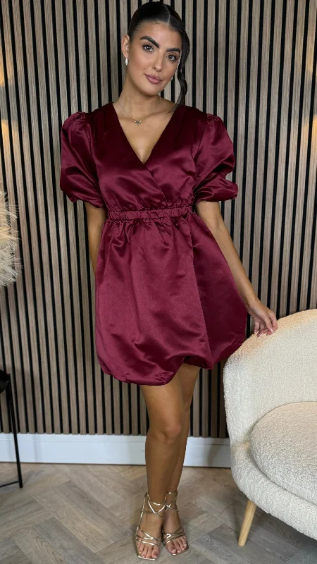 Simona Cherry Red Puff Sleeve Sateen Mini Dress Artistic Women's Avant - 