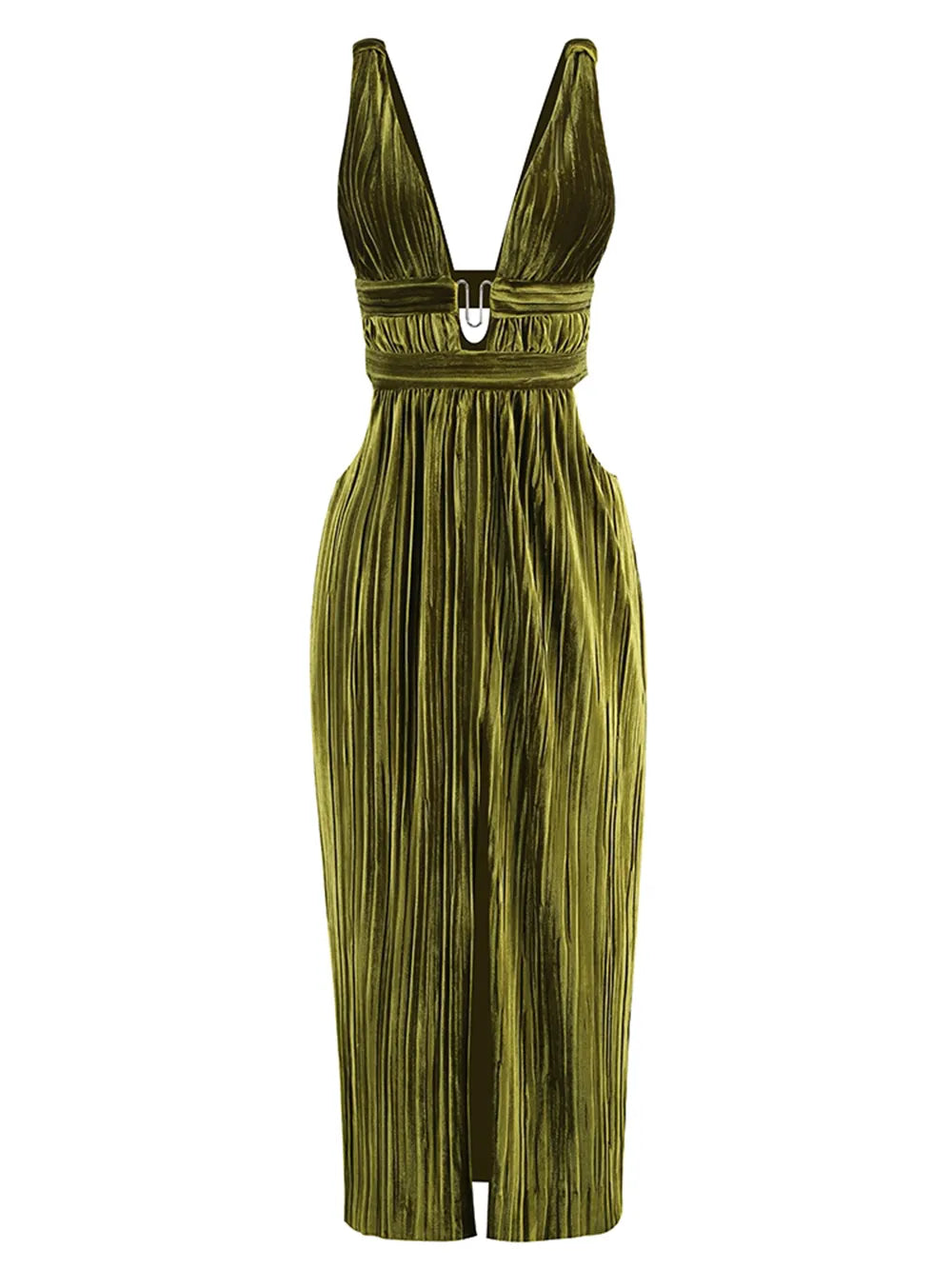 A&A Luxe Elegant Luxury Sleeveless  Plunge V-Neck Pleated Maxi Dress