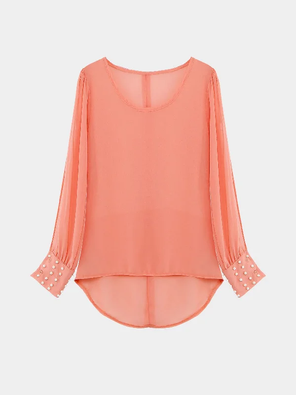 Custom Crew Neck Handmade Beaded Cut Out Long Sleeve Irregular Hem Pink Top Elegant Women's Formal Custom Crew Neck Handmade Beaded Cut Out Long Sleeve Irregular Hem Pink Top Elegant Women's Formal