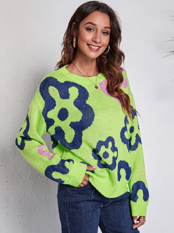 Flower Pattern Round Neck Long Sleeve Sweater Women