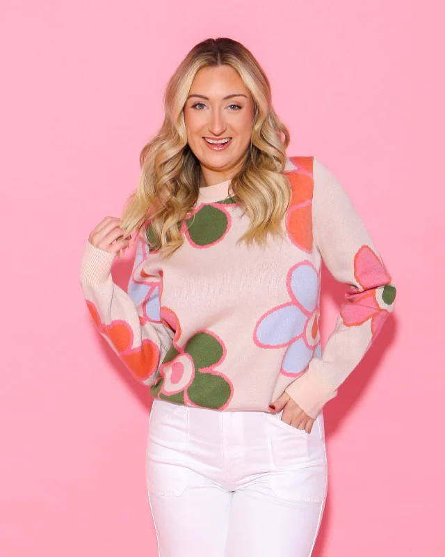Flower Knit Sweater in Cream Trendy Women's Oversized