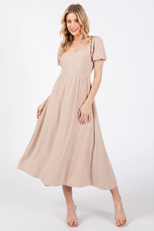 Taupe Puff Sleeve Linen Midi Dress