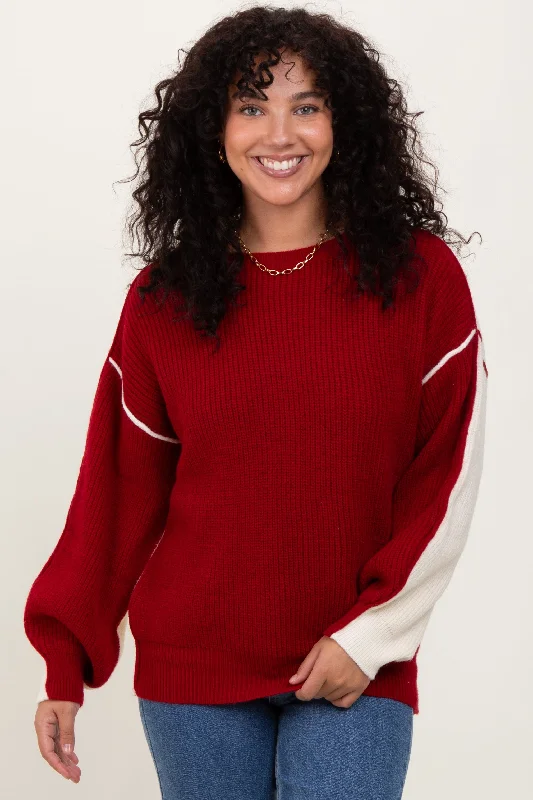 Burgundy Ivory Colorblock Oversized Sweater Tough Women's Military - inspired
