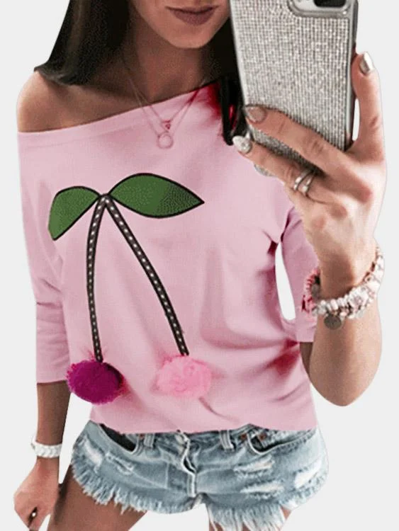 Custom Scoop Neck Printed 3/4 Sleeve Pink T-Shirts Trendy Women's 