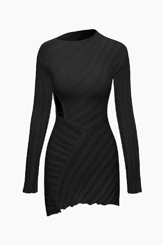 A&A Asymmetric Cut Out Long Sleeve Knitted Mini BodyconDress