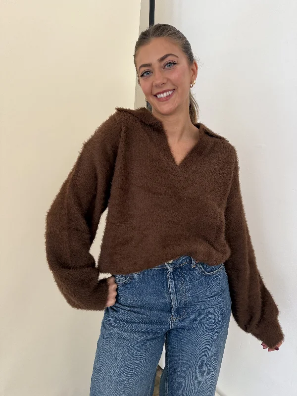 FRNCH Marley Brown Fuzzy Collared V-Neck Sweater Sporty Women's Athleisure 