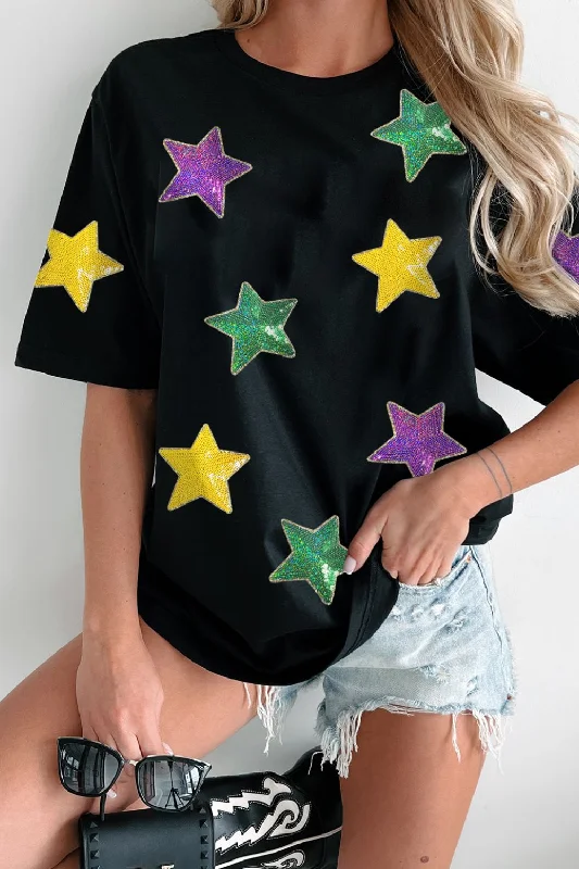 Sequin Stars Patched Round Neck T-Shirt Laid - back Women's Style