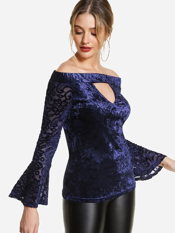 Custom Off The Shoulder Cut Out Long Sleeve Navy Top Earthy Women's 