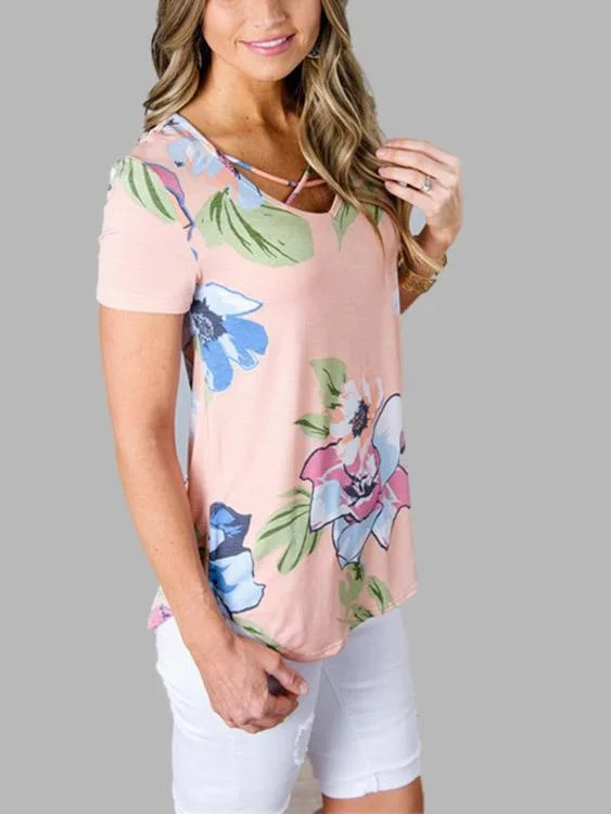 Custom Round Neck Floral Print Crossed Front Short Sleeve T-Shirts Traditional Women's Custom Round Neck Floral Print Crossed Front Short Sleeve T-Shirts Traditional Women's