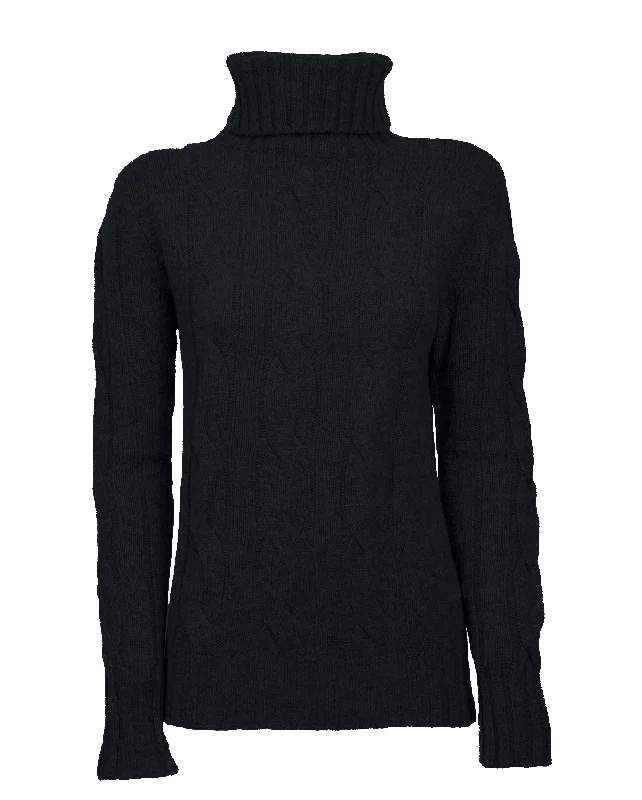 NEW FALL 24 - Women's Pure Cashmere Cable Knit Turtleneck Sweater Black by Monticelli Cashmere Stylish Women's Tropical 