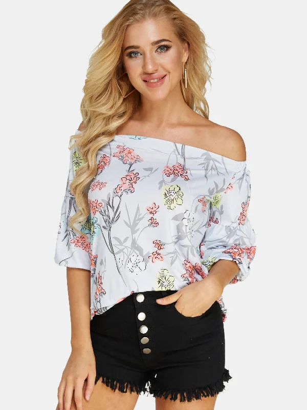 Custom Off The Shoulder Floral Print Half Sleeve White T-Shirts