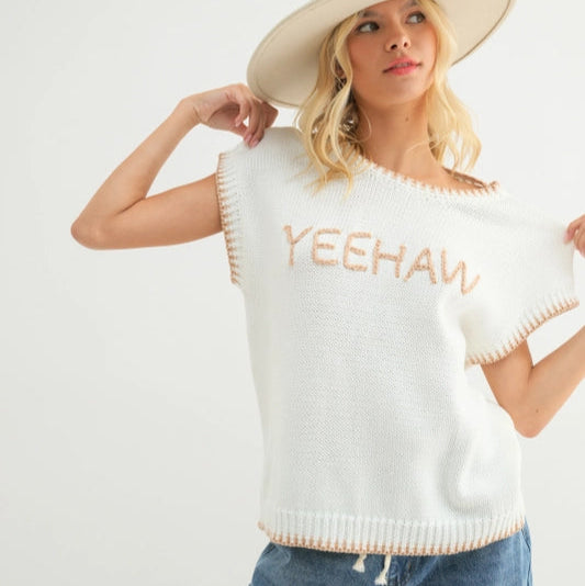 Women's "Yeehaw" Wordy Contrast Sweater in Cream Geometric