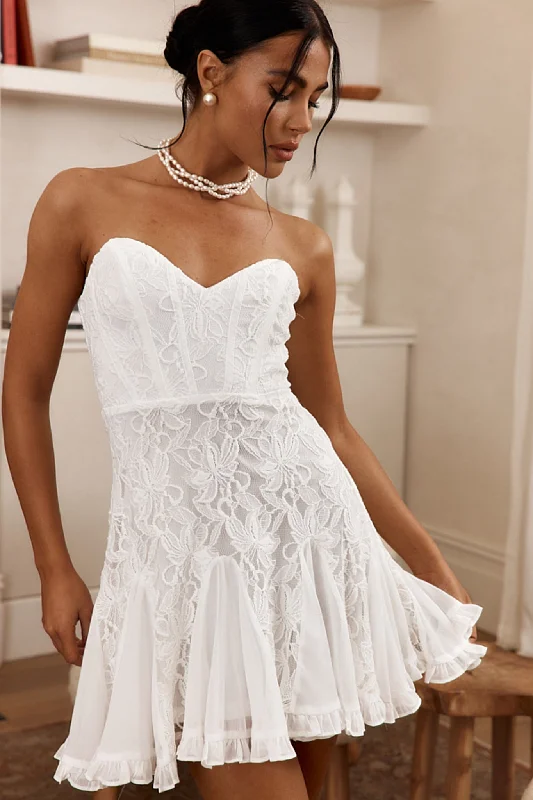 Emile Sweetheart Neckline Godet Mini Dress Off White Vacation