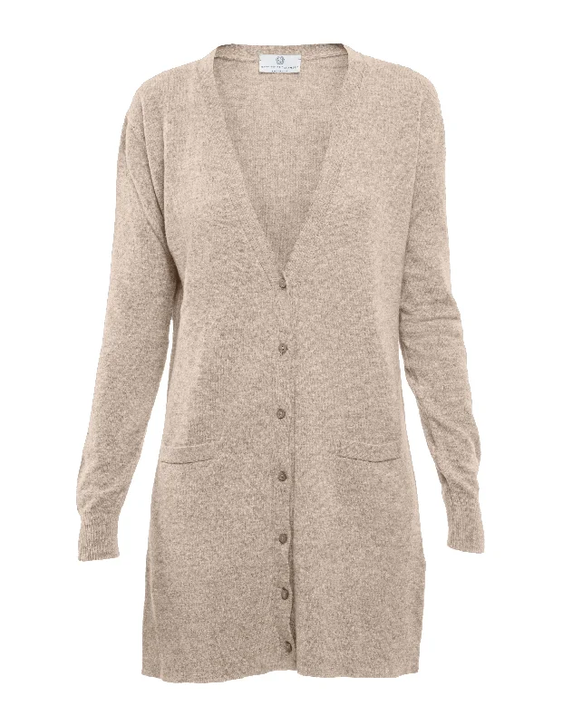 NEW FALL 24 - Women's Long Pure Cashmere Cardigan Sweater Taupe by Monticelli Cashmere Cool Women's Distressed