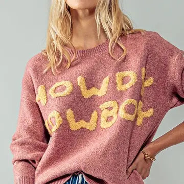Women's "Howdy Cowboy" Wordy Knit Sweater in Pink Sustainable Organic
