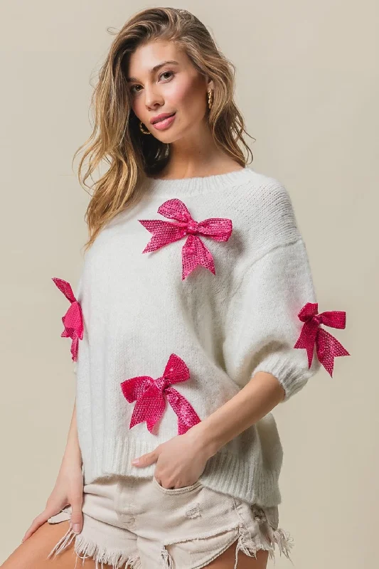 BiBi Sequin Bow Puff Sleeve Sweater Dynamic Women's High - energy