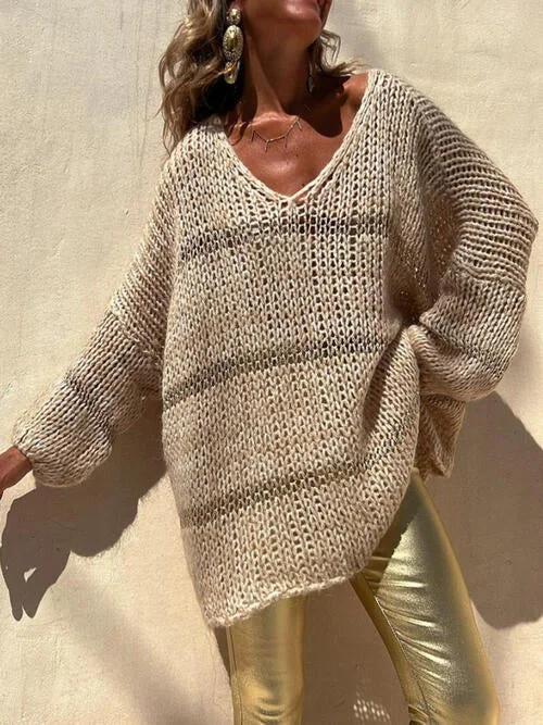 Openwork V-Neck Long Sleeve Sweater Relaxed Women's 