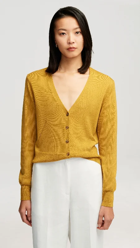 Everyday Knit Crew Cardigan in Merino Wool | Mustard Cool Women's Distressed