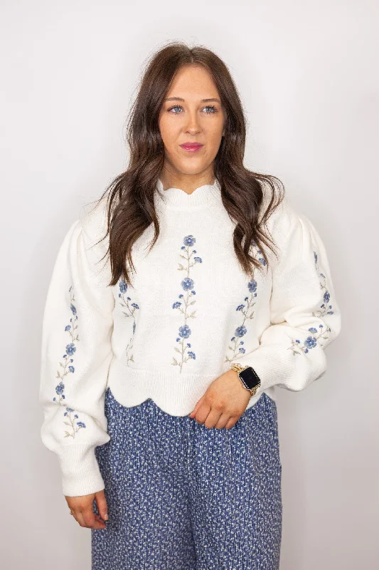 Floral Passion Cream Embroidered Sweater Modern Women's Tech