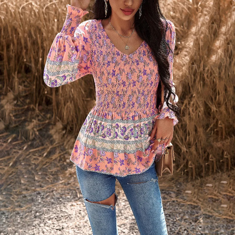 Slim Floral Print Long Sleeve V-Neck Top Wholesale Womens Tops