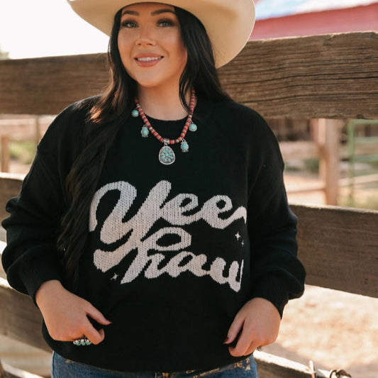 Women's "Yeehaw" Wordy Contrast Sweater in Black Compression