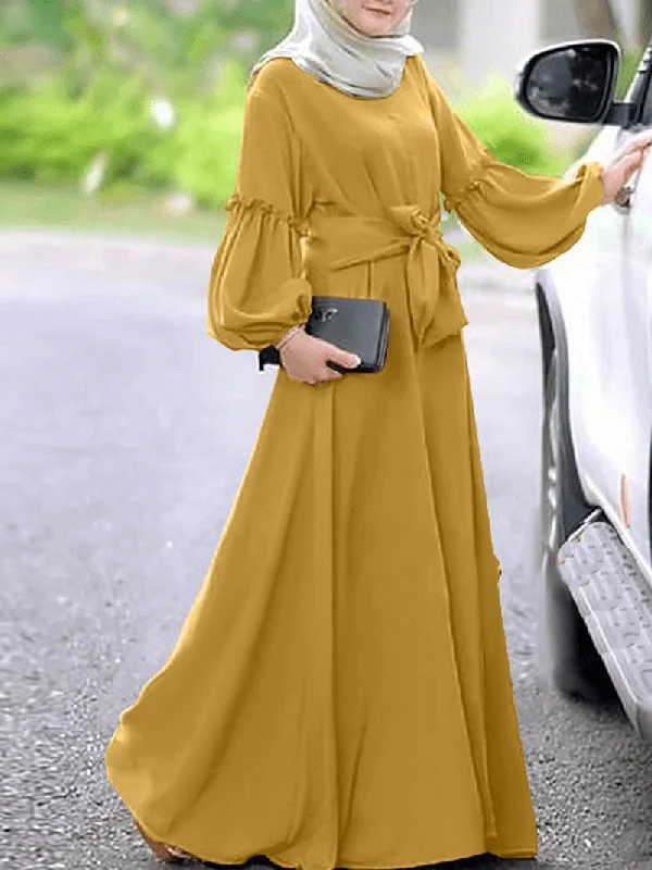 Women Long Sleeve Solid Color Belted O-Neck Button Maxi Dress