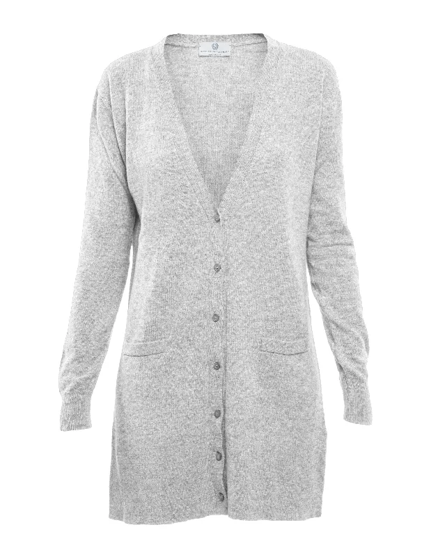 NEW FALL 24 - Women's Long Pure Cashmere Cardigan Sweater Light Gray by Monticelli Cashmere Classic Women's Tweed