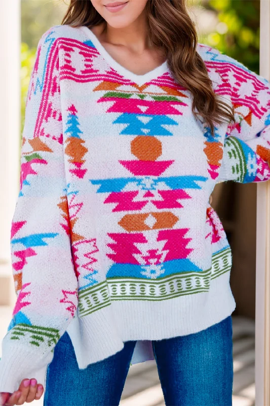 Geometric V-Neck Long Sleeve Sweater Practical Women's Multi - 