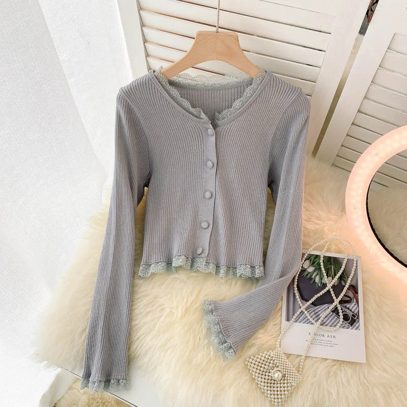 Simple Cardigan Lace Long Sleeve Sweater  139