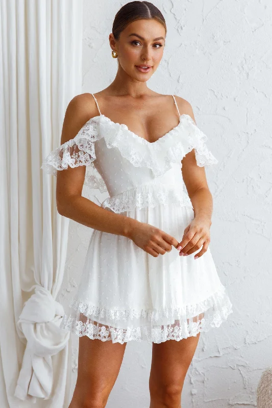 Good Morning Sunshine Off Shoulder Lace Frill Trim Mini Dress White Feminine Women's Style 