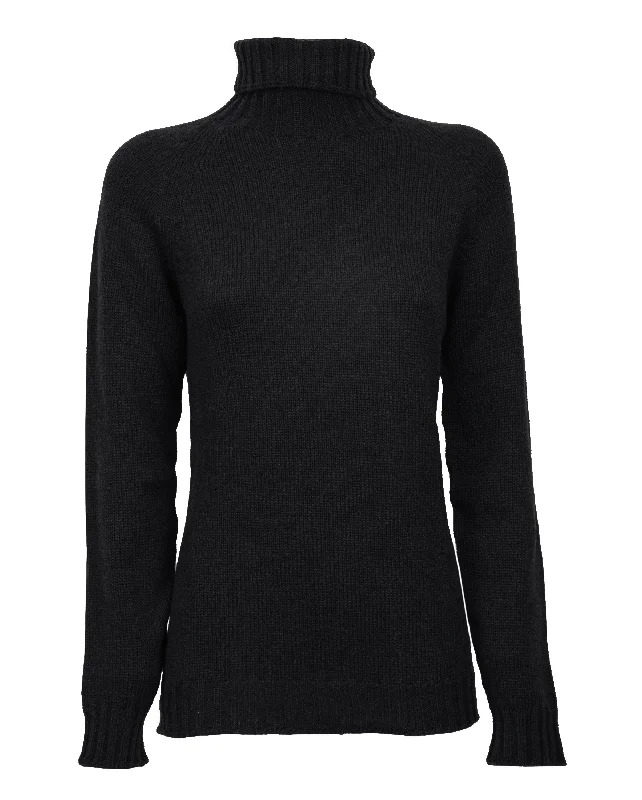 NEW FALL 24 - Women's Cashmere Raglan Sleeve Turtleneck Sweater Black by Monticelli Cashmere Sharp Women's Italian